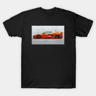 Orange C8 Corvette Tech Drawing Supercar Racecar Amplify Orange Corvette C8 T-Shirt